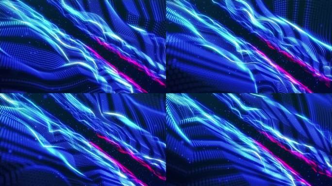 蓝色表面的条纹。令人惊叹的表面由霓虹发光粒子组成，形成光波。迷人的无缝循环动画。设计是完美的各种应用