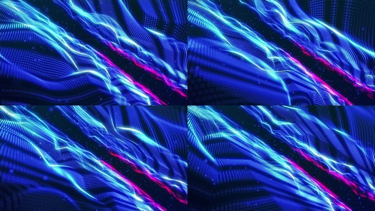 蓝色表面的条纹。令人惊叹的表面由霓虹发光粒子组成，形成光波。迷人的无缝循环动画。设计是完美的各种应用