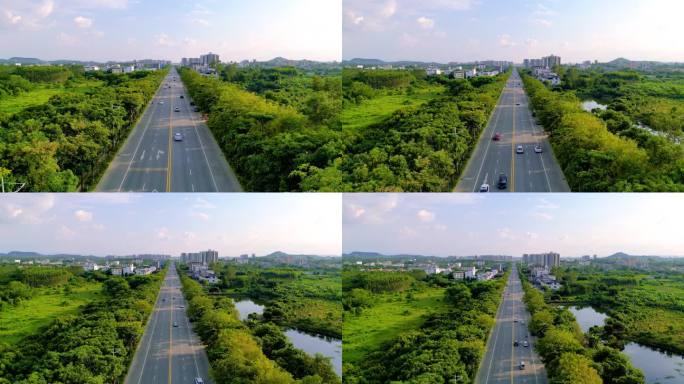 汽车行驶在绿色笔直的公路上，绿色道路风景