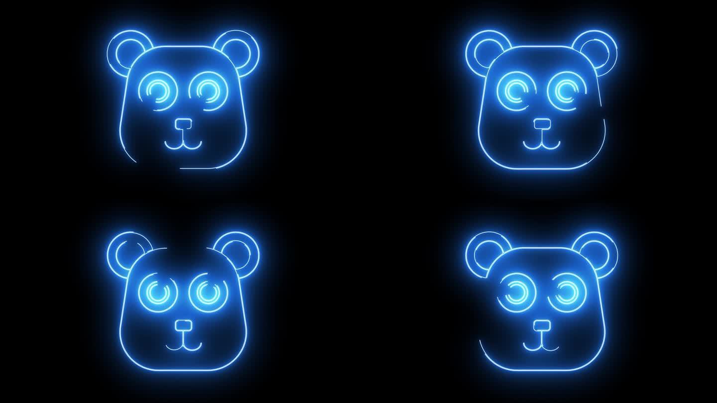 动画熊猫头图标与发光的霓虹灯效果