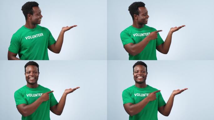 微笑，黑人男子指着手掌，志愿宣传，工作室公告或社区服务基金会。污染支持，气候变化信息或蓝色背景的模型