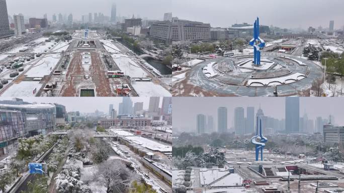 航拍济南泉城广场雪景下雪