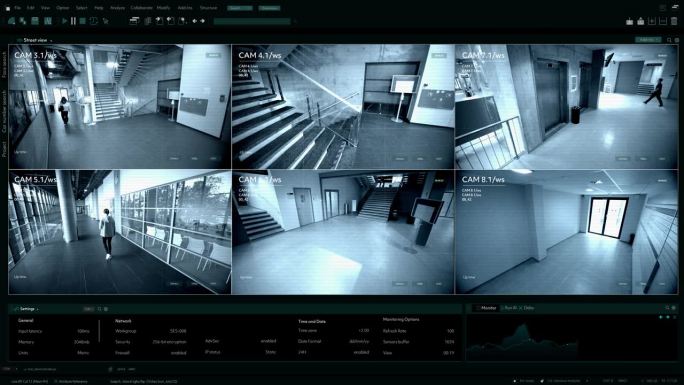 闭路电视监控录像，大楼内多屏显示，无法辨认的人在走动。高科技安全和数据保护模型。用于计算机显示器的屏
