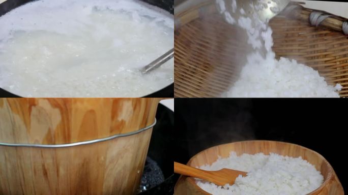 木桶饭制作过程甑子饭冒热气煮米饭白米饭