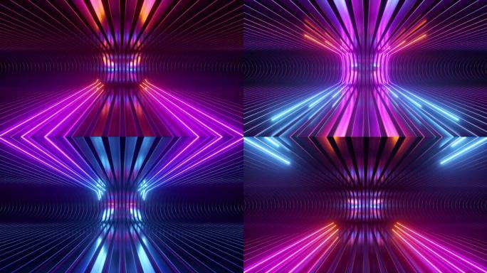 循环3d动画。抽象的背景与霓虹发光的线条沿着路径滑动。VJ循环。循环无缝介绍