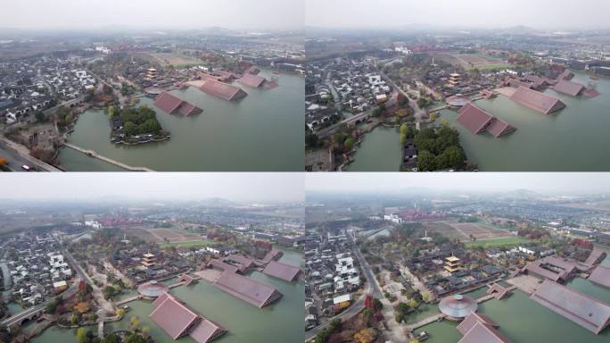 中国上海市松江区广富林景区无人机景观，中国传统唐代建筑与水中建筑，4k实时镜头高角度视角。