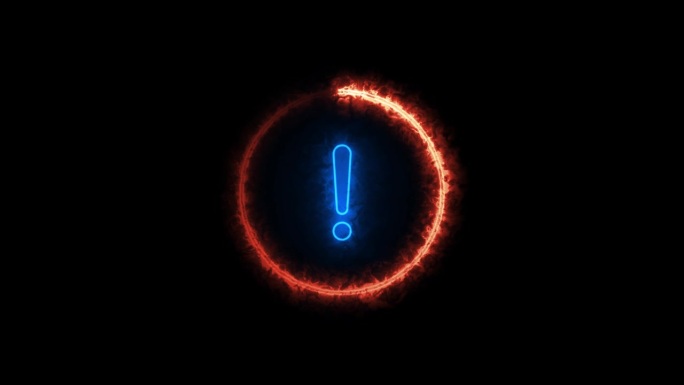 蓝色发光霓虹灯线圈与感叹号图标在黑色背景上动画。