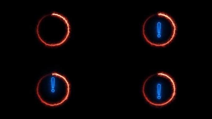 蓝色发光霓虹灯线圈与感叹号图标在黑色背景上动画。