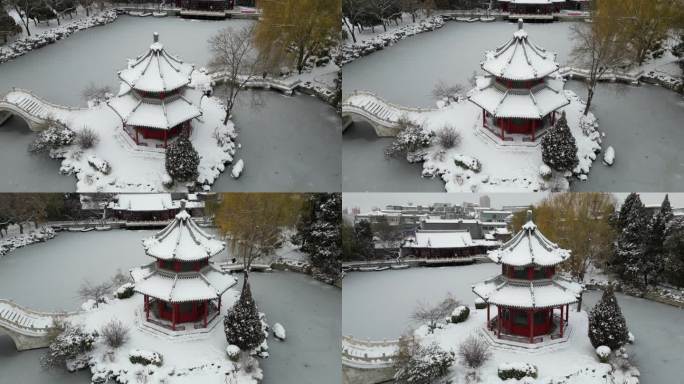 4K航拍古建筑雪景保定古莲花池雪景