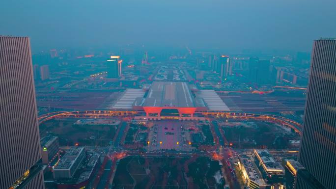 航拍郑州绿地中心双子塔郑州东站夜景