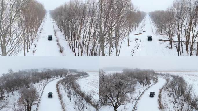 汽车行驶在辽河大堤冰天雪地林中