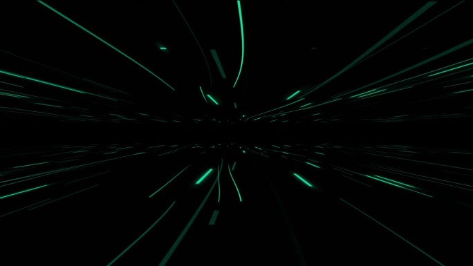 高科技未来的浮动线在黑暗的空间背景，绿松石色发光线移动在黑色的背景
