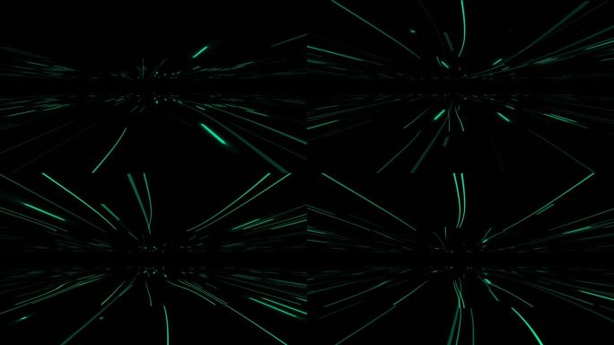 高科技未来的浮动线在黑暗的空间背景，绿松石色发光线移动在黑色的背景