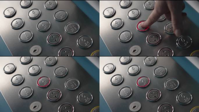 一个女人在电梯里按楼层按钮。特写慢镜头