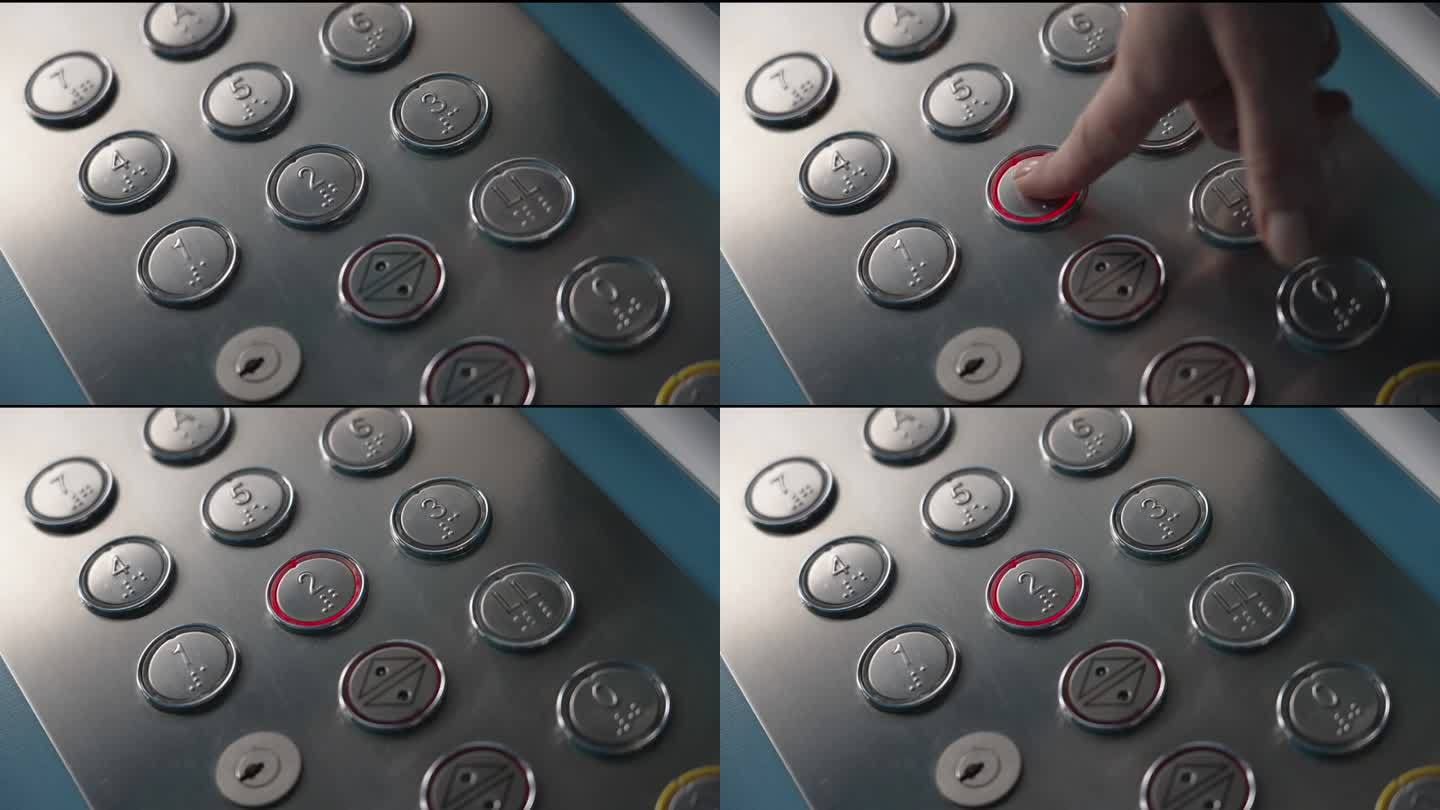 一个女人在电梯里按楼层按钮。特写慢镜头