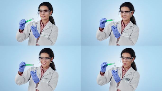 女性、科学家和用于实验、病毒和液体分析、化学和研究的玻璃烧杯。科学，生物技术和蓝色工作室背景的思考，