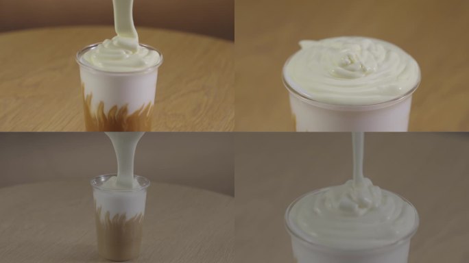 奶盖咖啡最后加上奶盖特写升格慢动作