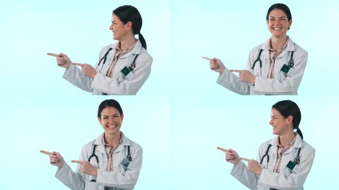 工作室医生，保健和快乐的女人指向医疗信息，药店商业或医药信息。蓝色背景的诊所演示的模型空间，肖像和药