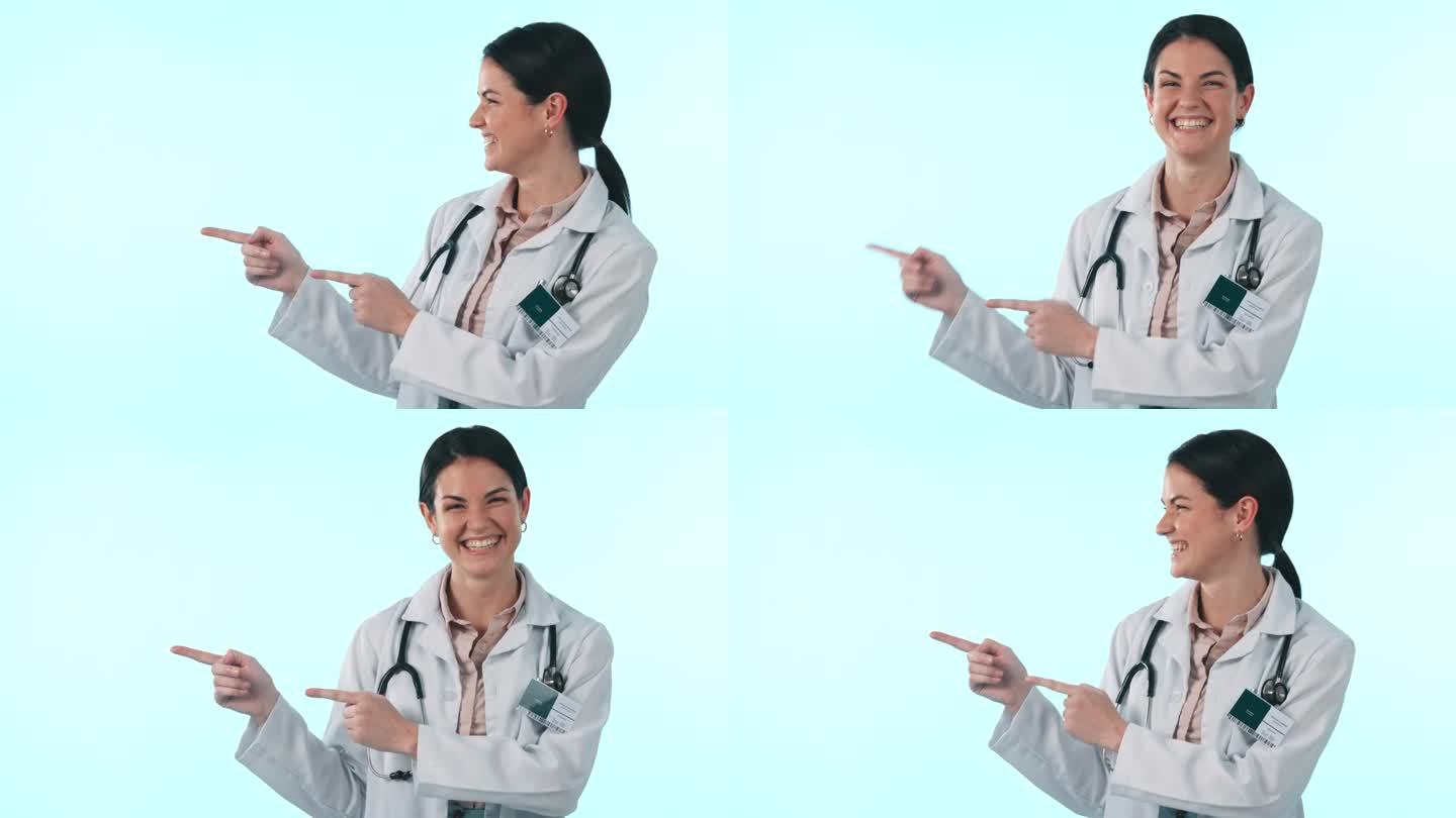 工作室医生，保健和快乐的女人指向医疗信息，药店商业或医药信息。蓝色背景的诊所演示的模型空间，肖像和药