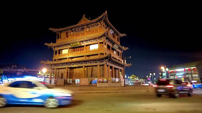 延时 大同古城鼓楼前车流人流 夜景