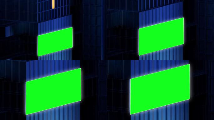绿幕现代建筑。夜间角度变焦视频。Chrome键与复制空间。