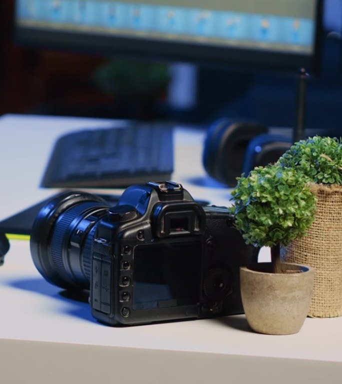 立式摄像机摄影工作室桌上的专业摄像机，用于拍摄编辑图片