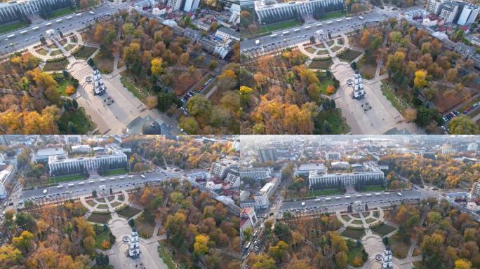 摩尔多瓦基希讷乌的中央公园，钟楼和耶稣诞生大教堂的尖塔全景，背景是多座办公和住宅建筑。4 k的视频