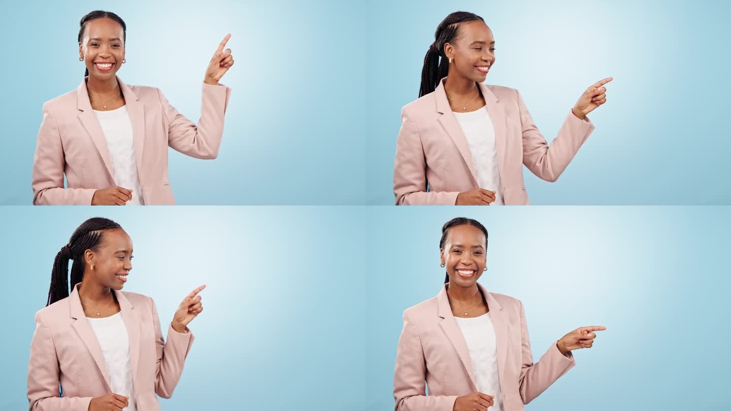 快乐的黑人女性，在蓝色的工作室背景下指着广告中的生意和名单。非洲女性或雇员的肖像显示步骤，信息或选项