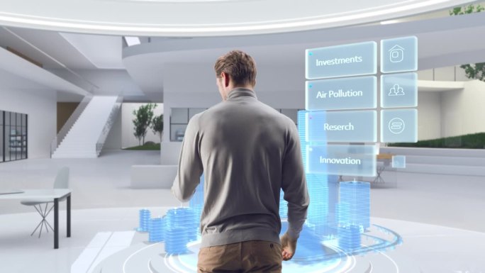 未来商人站在虚拟空间，与增强现实全息3D城市互动，展示房地产投资大数据分析、财务报告、股市统计数据