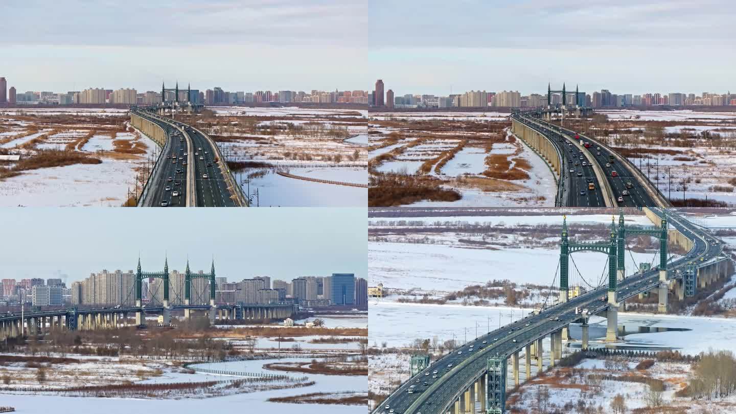 中国黑龙江哈尔滨阳明滩大桥雪景航拍合集