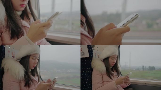 4K高铁上女孩玩手机 坐高铁玩手机刷视频
