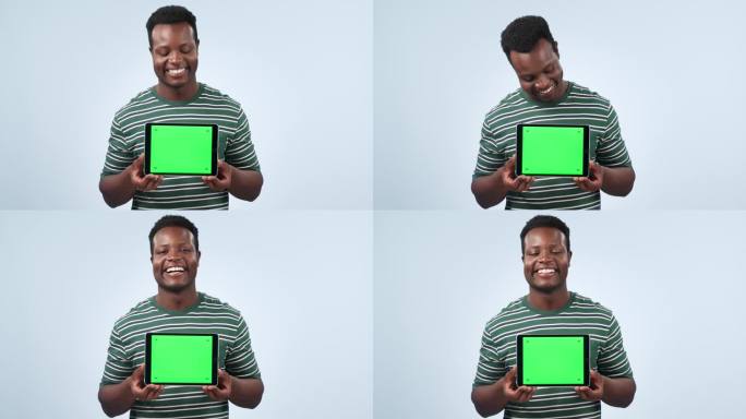 人，脸和绿色屏幕空间的平板电脑在演播室的广告信息，在蓝色的背景。肖像，快乐非洲模式和用户体验推广，通