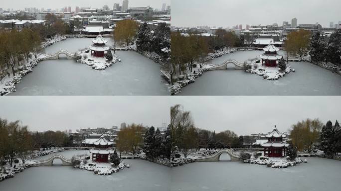 4k航拍古建筑雪景保定古莲花池雪景