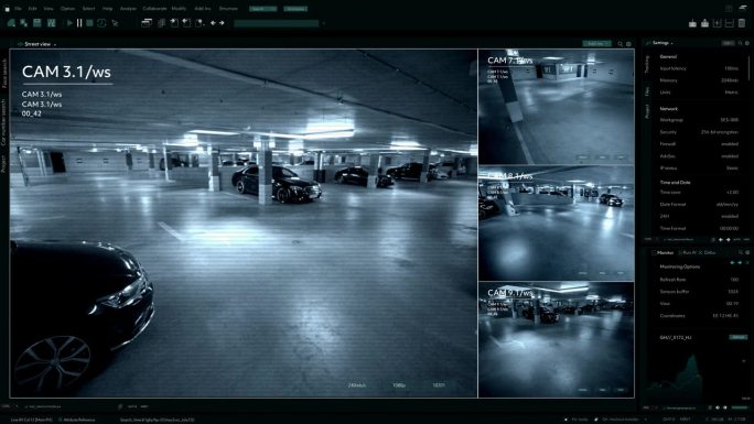 闭路电视监控录像，多屏显示安全的地下车库。高科技安全和数据保护模型。用于计算机显示器的屏幕替换模板