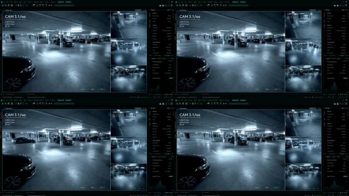 闭路电视监控录像，多屏显示安全的地下车库。高科技安全和数据保护模型。用于计算机显示器的屏幕替换模板