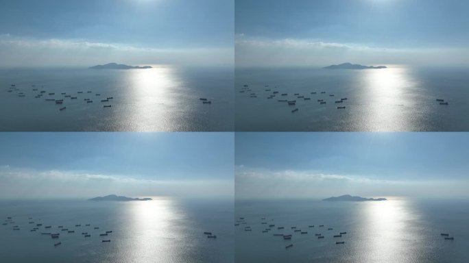 深圳前海湾海洋风景航拍海面阳光渔船货船