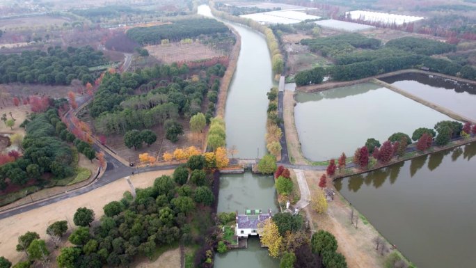 无人机拍摄上海市松江区广富林乡村公园美景，4k实时画面，高角度视角。