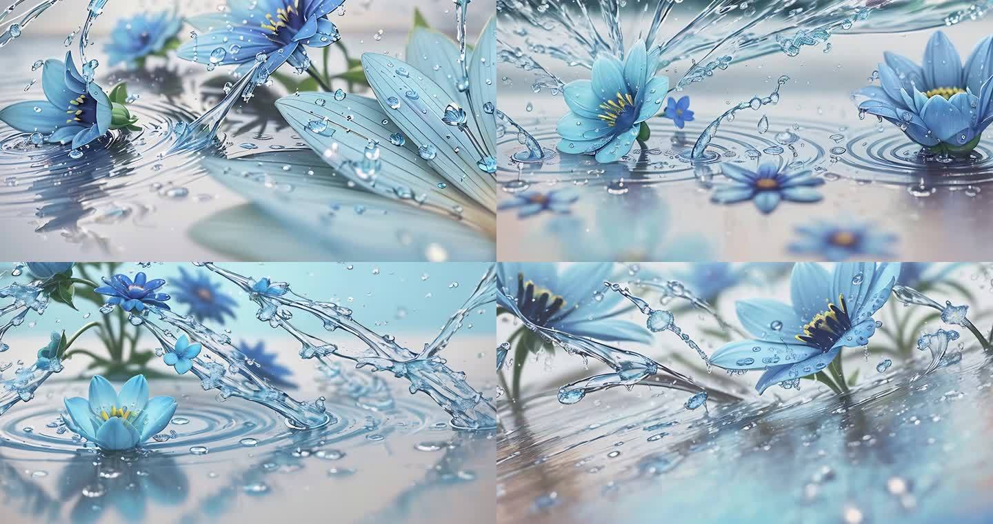 AI蓝色花朵 水 水流 时尚走秀背景