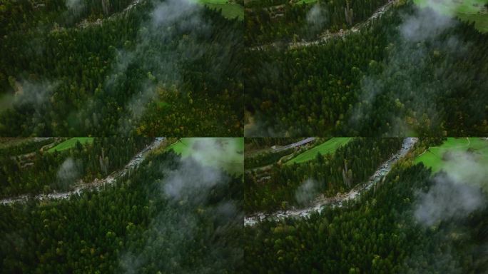 空中拍摄的茂密的深绿色森林、小路和山间河流的岩石河岸。石头躺在流动的蓝色水中，在云上嗡嗡作响。拍摄于