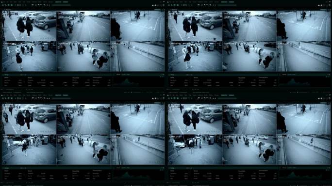 CCTV人工智能面部识别摄像头对街道上的人进行认证。安全摄像头监控录像身份扫描人群在大城市街道上安全