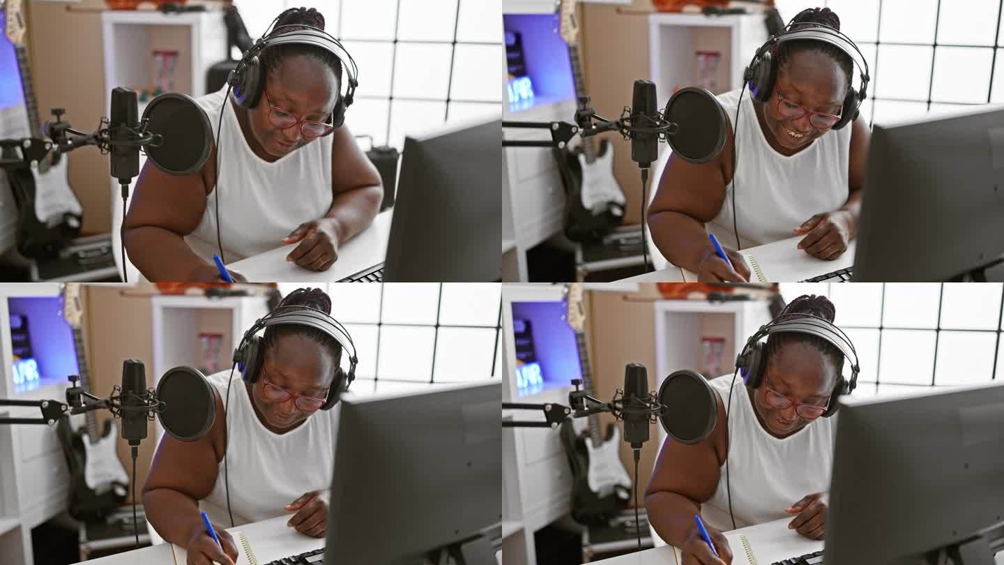 微笑的非洲裔美国妇女，一个自信的音乐家，在音乐工作室创作了一首深情的歌曲，全神贯注于她的音乐世界。