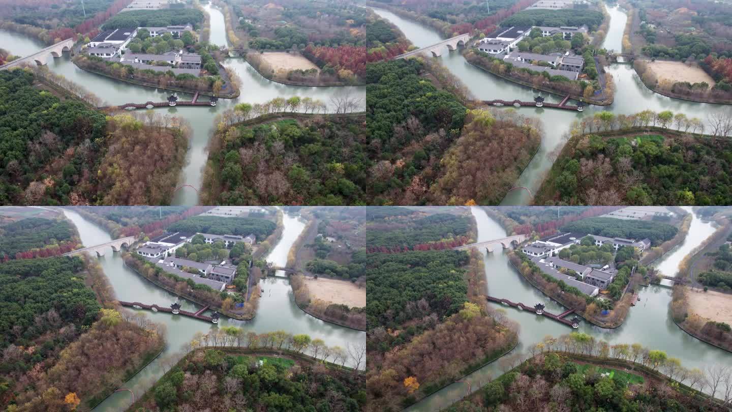 无人机拍摄江中中式桥亭，上海市松江区广富林乡村公园美景，4k实时画面，高角度视角。