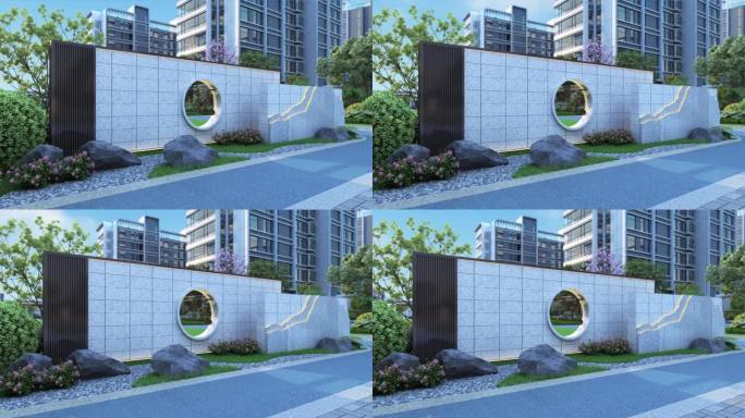 新中式社区园林景墙三维动画