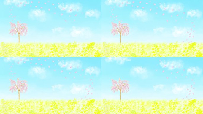 一个循环动画，花瓣从一棵盛开的樱花树在油菜花的田野里跳舞。