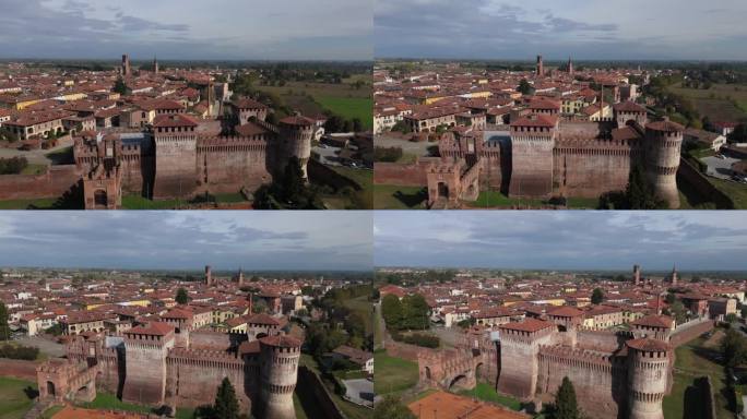 Rocca Sforzesca di Soncino，克雷莫纳，意大利，正午，秋天，无人机。近距离轨