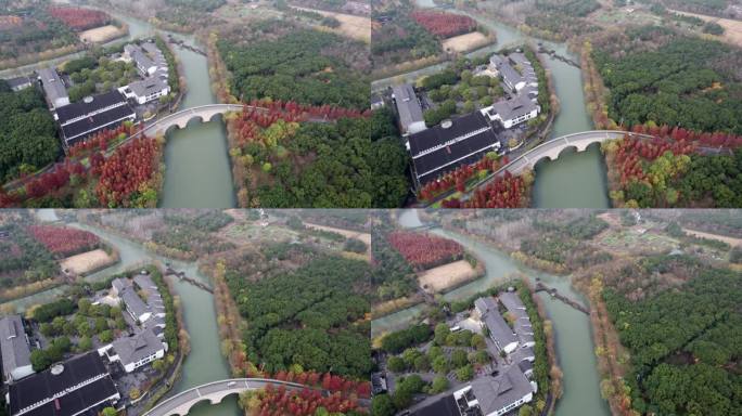 无人机拍摄江中中式桥亭，上海市松江区广富林乡村公园美景，4k实时画面，高角度视角。