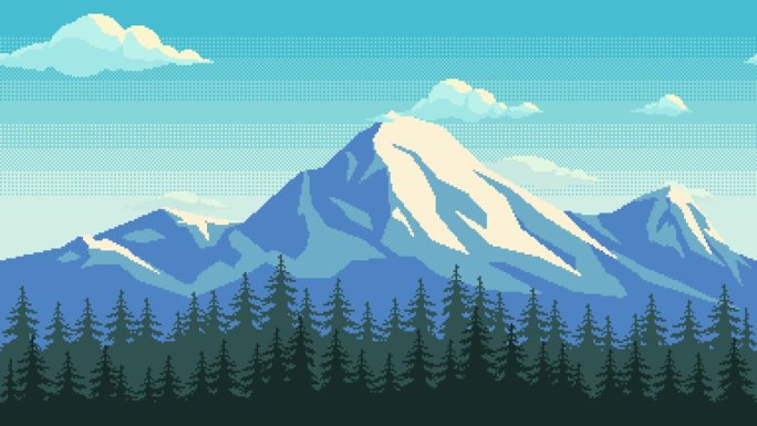 像素艺术动画背景与雪山和森林。