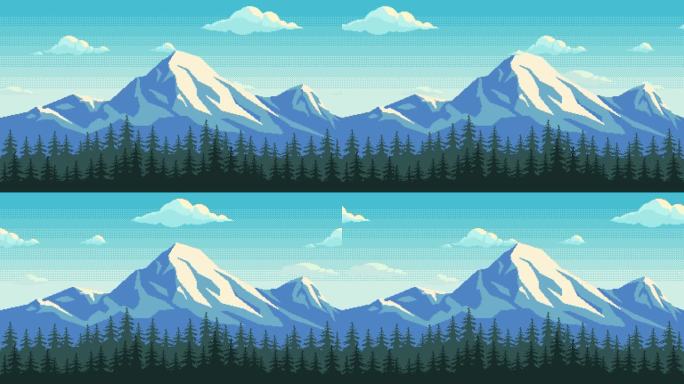 像素艺术动画背景与雪山和森林。