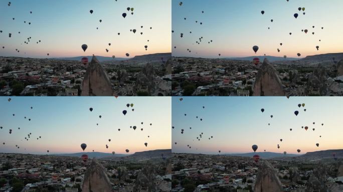 一个气球飞过卡帕多西亚，土耳其。气球鸟瞰图。