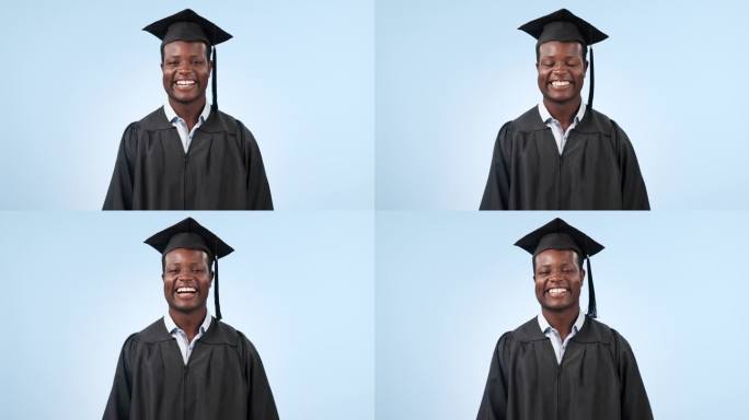 脸，有趣的黑人毕业，微笑和成就在蓝色的工作室背景。肖像，学生和非洲人的学位，大学和幽默，笑或卓越的模